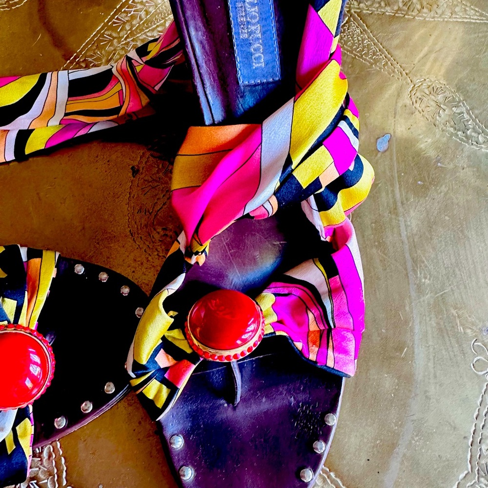 Pucci silk scarf ankle tie wedge sandals.